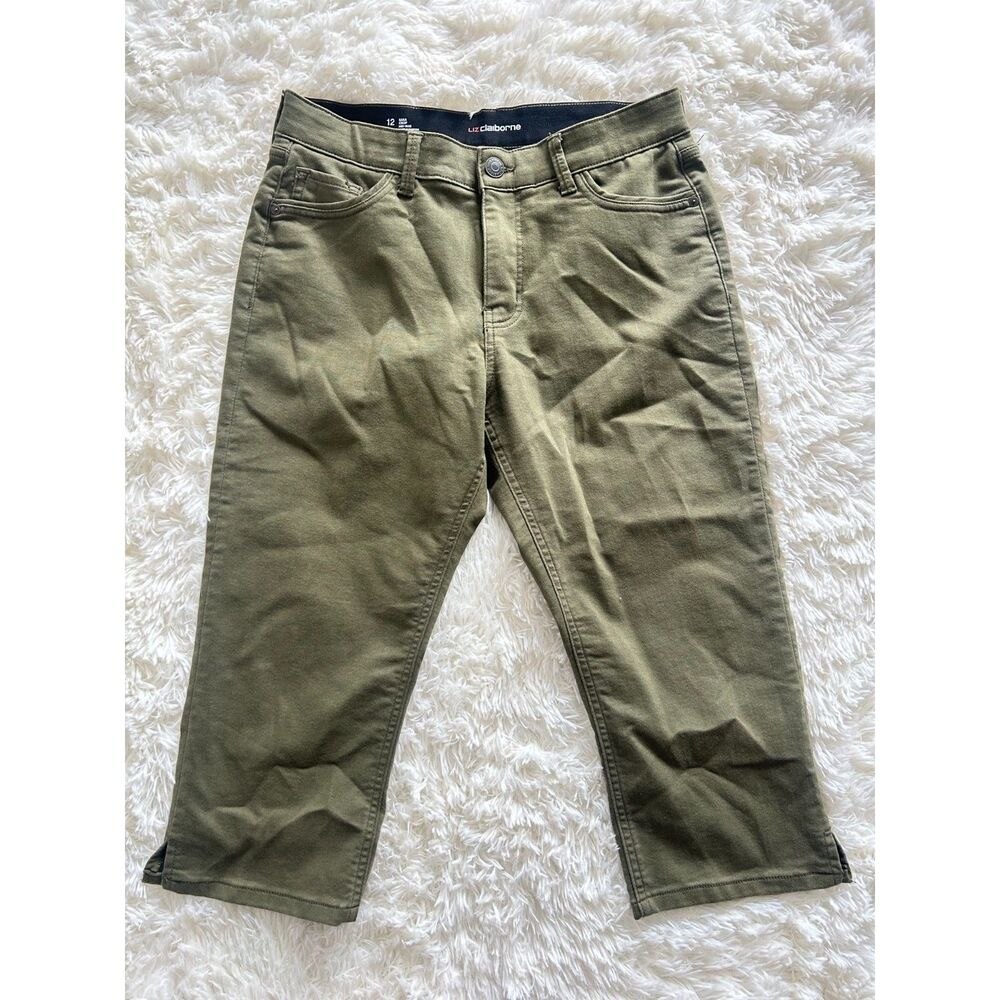 Liz Claiborne Sara Crop Pants Womens Size 12 Olive Green Stretch Mid Rise Capri